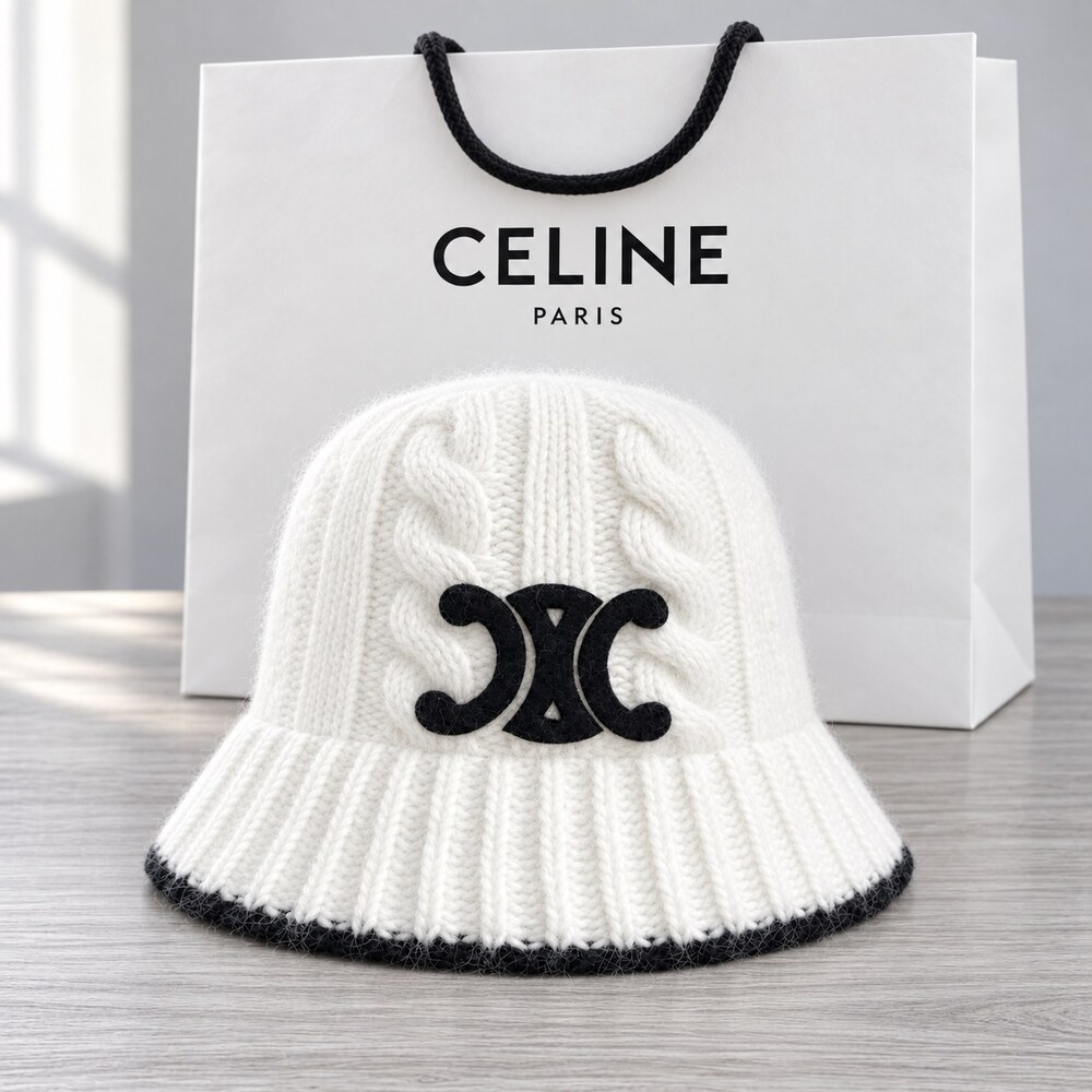 CELINE White Triomphe Knit Bucket Beanie